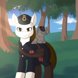 Size: 1500x1500 | Tagged: safe, artist:silverfox057, oc, oc:rough seas, cat, earth pony, pony, american civil war, forest background, hat
