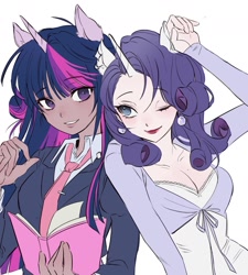 Size: 1494x1659 | Tagged: safe, artist:memoji_0708, rarity, twilight sparkle, human, g4, blazer, book, breasts, clothes, dark skin, duo, duo female, ear piercing, eared humanization, earring, eyeshadow, female, grin, horn, horned humanization, humanized, jewelry, lesbian, lipstick, looking at each other, looking at someone, makeup, necktie, one eye closed, piercing, ship:rarilight, shipping, shirt, simple background, smiling, white background, wink