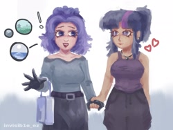 Size: 2048x1536 | Tagged: safe, artist:invisib1e_ez, rarity, twilight sparkle, human, g4, alternate hairstyle, bag, belt, breasts, clothes, duo, duo female, ear piercing, earring, exclamation point, female, gloves, heart, holding hands, humanized, jewelry, lesbian, looking at each other, looking at someone, necklace, open mouth, pants, piercing, ship:rarilight, shipping, shirt, simple background, skirt, tank top, white background