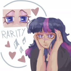 Size: 2048x2048 | Tagged: safe, artist:invisib1e_ez, rarity, twilight sparkle, human, g4, alternate hairstyle, blushing, close-up, clothes, duo, duo female, eye, eyes, female, heart, humanized, lesbian, ship:rarilight, shipping, shirt, simple background, t-shirt, white background