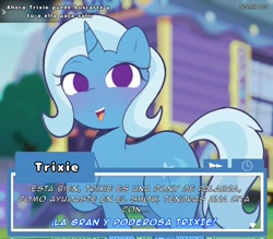 Size: 2048x1791 | Tagged: safe, artist:trash art, trixie, pony, unicorn, g4, blushing, cute, dating sim, diatrixes, female, holiday, horn, mare, open mouth, raised hoof, solo, spanish, spanish text, text box, translation request, trixie's wagon, valentine's day, wagon