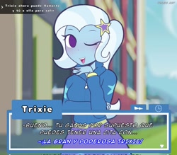 Size: 2048x1791 | Tagged: safe, artist:trash art, trixie, equestria girls, g4, blushing, clothes, cute, dating sim, diatrixes, female, holiday, hoodie, one eye closed, open mouth, skirt, solo, spanish, spanish text, text box, translation request, valentine's day, wink