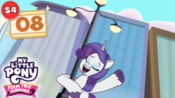 Size: 1281x720 | Tagged: safe, artist:prixy05, rarity, pony, unicorn, my little pony: form your friendship, g4, g5, my little pony: friendship is magic, my little pony: tell your tale, rarity takes manehattan, female, g4 to g5, generation leap, horn, lamppost, mare, solo, thumbnail