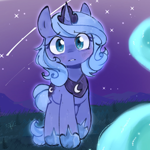 Size: 1280x1280 | Tagged: safe, artist:rafnaraf, princess luna, pony, unicorn, g4, blush lines, blushing, crown, cute, eyebrows, eyebrows visible through hair, female, filly, filly luna, foreshortening, frown, full body, glowing, glowing outline, grass, grass field, hoof shoes, horn, jewelry, looking at you, lunabetes, mountain range, night, night sky, open mouth, outdoors, peytral, princess shoes, regalia, s1 luna, shooting star, sky, solo, starry night, starry sky, wingless, woona, younger