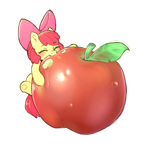 Size: 1086x1058 | Tagged: safe, artist:cold-blooded-twilight, apple bloom, earth pony, pony, g4, adorabloom, apple, apple bloom's bow, blushing, bow, cute, eating, eyes closed, female, filly, foal, food, hair bow, herbivore, simple background, size difference, solo, sparkles, tiny, tiny ponies, transparent background, underhoof