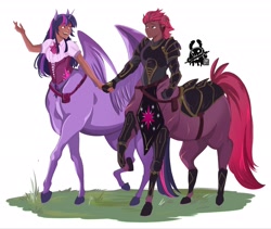 Size: 2048x1729 | Tagged: safe, artist:inkrred, tempest shadow, twilight sparkle, alicorn, centaur, human, taur, g4, alicorn humanization, armor, centaur twilight, centaurified, dark skin, duo, duo female, eared humanization, female, holding hands, horn, horned humanization, humanized, lesbian, moderate dark skin, ship:tempestlight, shipping, simple background, species swap, twilight sparkle (alicorn), white background, winged humanization, wings