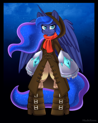 Size: 3181x4000 | Tagged: safe, artist:madelinne, princess luna, alicorn, g4, clothes, female, horn, looking at you, mare, scarf, solo, wings