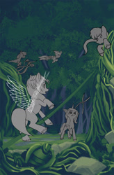 Size: 1537x2349 | Tagged: safe, artist:robin jacks, izzy moonbow, sunny starscout, zipp storm, alicorn, pegasus, pony, unicorn, g5, cover, female, horn, mare, race swap, shears, standing, standing on one leg, sunnycorn