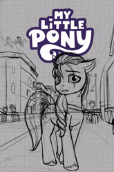 Size: 1920x2912 | Tagged: safe, artist:robin jacks, sugar moonlight, sunny starscout, bat pony, earth pony, pegasus, pony, unicorn, comic:sunny's scar, g5, coat markings, comic, cover, day, eye scar, facial scar, horn, maretime bay, outdoors, raised leg, scar, socks (coat markings), solo focus, twilight sparkle's cutie mark, unshorn fetlocks