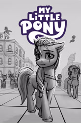 Size: 1920x2912 | Tagged: safe, artist:robin jacks, sugar moonlight, sunny starscout, bat pony, earth pony, pegasus, pony, unicorn, comic:sunny's scar, g5, coat markings, comic, cover, day, eye scar, facial scar, horn, maretime bay, outdoors, raised leg, scar, socks (coat markings), solo focus, twilight sparkle's cutie mark, unshorn fetlocks