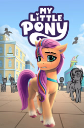 Size: 1920x2912 | Tagged: safe, artist:robin jacks, sugar moonlight, sunny starscout, bat pony, earth pony, pegasus, pony, unicorn, comic:sunny's scar, g5, coat markings, comic, cover, day, eye scar, facial scar, horn, maretime bay, outdoors, raised leg, scar, socks (coat markings), solo focus, twilight sparkle's cutie mark, unshorn fetlocks