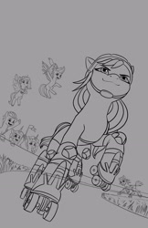 Size: 1920x2956 | Tagged: safe, artist:robin jacks, idw, hitch trailblazer, izzy moonbow, misty brightdawn, pipp petals, sunny starscout, tracy tailspin, zipp storm, earth pony, pegasus, pony, unicorn, g5, my little pony: kenbucky roller derby, comic, cover, female, flying, horn, male, mane five, mane six (g5), mare, roller skates, skates, stallion