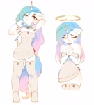 Size: 3681x4096 | Tagged: safe, artist:magnaluna, princess celestia, alicorn, anthro, g4, bracelet, breasts, choker, clothes, ear fluff, ear piercing, earring, eyeshadow, female, folded wings, gold eyeshadow, gradient mane, gradient tail, halo, horn, horn ring, jewelry, looking at you, makeup, off shoulder, one eye closed, piercing, ring, simple background, socks, solo, stockings, tail, thigh highs, white background, white pupils, wings