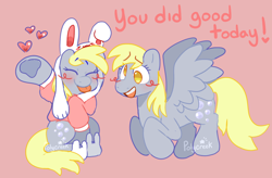 Size: 1404x922 | Tagged: safe, artist:polycreek, derpy hooves, pegasus, pony, g4, :d, ^^, blush scribble, blushing, bunny ears, bunny hood, bunny slippers, closed mouth, clothes, colored lineart, eyebrows, eyebrows visible through hair, eyes closed, feathered wings, female, floating heart, flying, full body, heart, hoodie, hoof in air, long sleeves, looking at you, mare, multiple views, no pupils, open mouth, open smile, pink background, positive ponies, puffy sleeves, signature, simple background, slippers, smiling, smiling at you, solo, teeth, three quarter view, tongue out, underhoof, wings