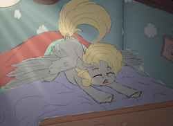 Size: 2316x1689 | Tagged: safe, artist:s.l.guinefort, derpy hooves, pegasus, pony, g4, ass up, bed, blanket, blush lines, blushing, colored underhoof, crepuscular rays, cute, dock, dock fluff, eyes closed, face down ass up, feathered wings, female, indoors, mare, open mouth, picture frame, sleepy, solo, stretching, tail, teeth, underhoof, waking up, wings, yawn
