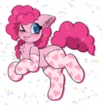 Size: 2005x2048 | Tagged: safe, artist:spookyfoxinc, pinkie pie, earth pony, pony, g4, blushing, clothes, confetti, cute, female, mare, simple background, socks, solo