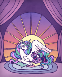 Size: 1080x1350 | Tagged: safe, artist:magalimagica, princess celestia, twilight sparkle, alicorn, pony, unicorn, g4, cute, female, filly, filly twilight sparkle, foal, horn, lying down, ponyloaf, prone, younger