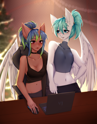 Size: 2560x3264 | Tagged: safe, artist:kutoshi, oc, oc only, oc:glidy, oc:lucid mirage, pegasus, unicorn, anthro, belly, belly button, choker, christmas, christmas lights, clothes, computer, female, holiday, horn