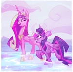 Size: 1280x1262 | Tagged: safe, alternate version, artist:adreamera, artist:lummh, princess cadance, twilight sparkle, alicorn, pony, comic:the princess of love, g4, crown, duo, duo female, female, folded wings, glowing, glowing horn, grin, height difference, hoof shoes, horn, jewelry, looking at each other, looking at someone, mare, multicolored hair, open mouth, outdoors, partially submerged, passepartout, peytral, physique difference, princess shoes, regalia, sisters-in-law, slender, smiling, standing, standing in water, style test, the princess of love test art, thin, twilight sparkle (alicorn), water, wings