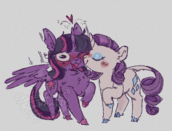 Size: 1129x858 | Tagged: safe, artist:blondeaxolotl, rarity, twilight sparkle, alicorn, pony, unicorn, g4, ;3, blue hooves, blush lines, blush scribble, blushing, cheek kiss, chest fluff, closed mouth, cloven hooves, colored hooves, cute, duo, duo female, ear fluff, emanata, eyes closed, feathered wings, female, floating heart, flustered, full body, gray background, heart, hooves, horn, kissing, leonine tail, lesbian, looking at you, mare, nose blush, one eye closed, open mouth, open smile, pink hooves, raised hoof, ship:rarilight, shipping, side view, simple background, smiling, smiling at you, standing, stray strand, surprise kiss, surprised, tail, twilight sparkle (alicorn), unshorn fetlocks, watermark, wide eyes, wings