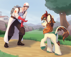 Size: 3508x2800 | Tagged: safe, artist:dandy, oc, human, kirin, pony, boots, building, butt, clothes, glasses, gloves, goggles, grass, helmet, kirin oc, lab coat, leg fluff, leonine tail, male, medic (tf2), shoes, stallion, stitches, tail, team fortress 2, tree, unshorn fetlocks