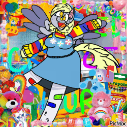 Size: 500x500 | Tagged: safe, artist:xxduncandonutxx, derpy hooves, pegasus, anthro, g4, animated, band-aid, band-aid on nose, blue's clues, care bears, clothes, freckles, gif, kidcore, overalls, picmix, rainbow, redesign, solo