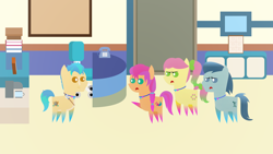 Size: 1920x1080 | Tagged: safe, artist:carrotorangelight, hitch trailblazer, posey bloom, rufus, sunny starscout, earth pony, pony, g5, female, male, mare, pointy ponies, sheriff's office, stallion