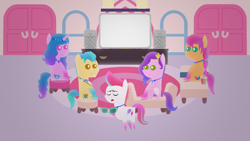 Size: 1920x1080 | Tagged: safe, artist:carrotorangelight, hitch trailblazer, izzy moonbow, pipp petals, sunny starscout, zipp storm, earth pony, pegasus, pony, unicorn, g5, crystal brighthouse, female, horn, male, mane five, mare, pointy ponies, stallion, television