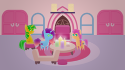 Size: 1920x1080 | Tagged: safe, artist:carrotorangelight, misty brightdawn, sunny starscout, oc, oc:orangelight amber, earth pony, pony, unicorn, g5, candle, crystal brighthouse, female, horn, mare, pointy ponies, rebirth misty, trio