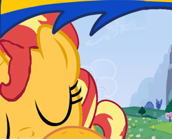 Size: 918x740 | Tagged: safe, artist:mlpfan3991, sunset shimmer, oc, oc:flare spark, pegasus, unicorn, g4, canon x oc, eyes closed, female, flower, horn, kissing, lesbian, offscreen character, pov, pov kiss, ship:flareset, shipping