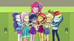 Size: 1920x1080 | Tagged: safe, artist:ontheedgeht, applejack, fluttershy, pinkie pie, rainbow dash, rarity, sci-twi, sunset shimmer, twilight sparkle, human, equestria girls, g4, 3d, clothes, fluttershy boho dress, friendship, group hug, hug, humane five, humane seven, humane six, rarity peplum dress, sci-twi skirt, skirt, source filmmaker