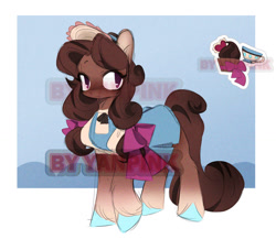 Size: 1488x1353 | Tagged: safe, artist:colorspaint15, oc, earth pony, pony, abstract background, adoptable, blue background, bow, brown coat, brown mane, clothes, curly mane, dress, female, hat, looking away, mare, sale, simple background, solo, toyhouse