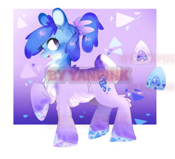Size: 1488x1353 | Tagged: safe, artist:colorspaint15, oc, hybrid, original species, pony, abstract background, adoptable, blue mane, bunny pony, chest fluff, crystal, ears, female, gradient background, gradient coat, hooves, looking away, mare, ponytail, purple background, purple coat, sale, simple background, smiling, solo, tail, toyhouse