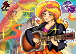 Size: 4096x2897 | Tagged: safe, artist:sxqari, sunset shimmer, human, equestria girls, g4, acoustic guitar, blushing, cyan eyes, equestria girls logo, female, guitar, human coloration, looking at you, musical instrument, my little pony logo, open mouth, playing guitar, playing instrument, rainbow, solo, sparkles, two toned hair