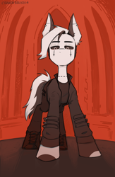 Size: 1252x1920 | Tagged: safe, artist:crashbrush, oc, oc only, earth pony, pony, clothes, ear fluff, ear piercing, face tattoo, full body, jacket, jewelry, looking at you, piercing, solo, tattoo, two toned ears, two toned mane