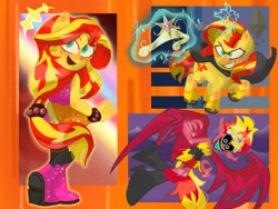 Size: 3072x2304 | Tagged: safe, artist:justinsert_name, sunset shimmer, demon, human, pony, unicorn, equestria girls, g4, my little pony equestria girls: rainbow rocks, big crown thingy, black sclera, blushing, boots, cloak, clothes, cyan eyes, demon wings, dress, element of magic, evil smile, female, gradient background, grin, horn, jewelry, looking at you, looking back, looking back at you, magic, open mouth, ponied up, red skin, regalia, scene interpretation, shoes, skirt, smiling, solo, sunset satan, surprised, telekinesis, two toned hair, two toned mane, wings, yellow coat, yellow skin
