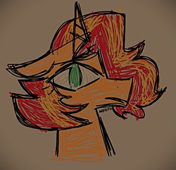 Size: 543x524 | Tagged: safe, artist:waldenkisser28, sunset shimmer, pony, unicorn, g4, bust, closed mouth, eyes open, female, green eyes, horn, looking at you, sad, simple background, solo, traditional art, two toned mane, yellow coat