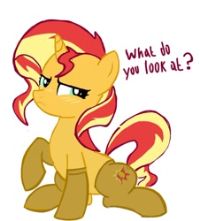 Size: 852x943 | Tagged: safe, artist:pinkiedraw_, sunset shimmer, pony, unicorn, g4, blushing, clothed ponies, clothes, cyan eyes, dialogue, embarrassed, female, horn, looking at you, simple background, socks, solo, sunset shimmer is not amused, text, two toned mane, unamused, yellow coat