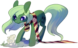 Size: 2026x1255 | Tagged: safe, artist:rendoas, oc, oc only, earth pony, pony, 2015, blue eyes, closed mouth, clothes, colored lineart, commission, dated, ear fluff, earth pony oc, full body, grass, green coat, green mane, green tail, long legs, long scarf, looking at something, mushroom, old art, scarf, signature, simple background, smiling, solo, standing, striped scarf, tail, three quarter view, transparent background, white pupils