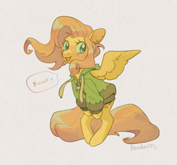 Size: 1071x1002 | Tagged: safe, artist:rendoas, fluttershy, pegasus, pony, antonymph, vylet pony, g4, 2025, :d, beige background, bipedal, blush lines, blushing, clothes, cute, cyan eyes, dated, drawstrings, ear piercing, feathered wings, female, flowing mane, full body, hands on knees, heart, hood down, hoodie, long sleeves, long tail, looking at you, mare, open mouth, open smile, piercing, pigeon toed, puffy sleeves, rawr, signature, simple background, smiling, smiling at you, solo, speech bubble, standing, tail, three quarter view, vulgar description, wings, zipper