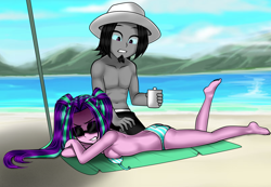 Size: 1300x900 | Tagged: safe, artist:nekojackun, aria blaze, oc, oc:blackbird, human, equestria girls, g4, aria flat, arse-ia blaze, barefoot, beach, bikini, breasts, canon x oc, clothes, commission, delicious flat chest, digital art, disguise, disguised siren, feet, hat, lying down, male, prone, shipping, sunscreen, swimming trunks, swimsuit, the pose, towel, umbrella, untied bikini, water