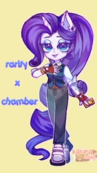 Size: 864x1536 | Tagged: safe, artist:zackchibi, part of a set, rarity, human, g4, arm behind back, card, clothes, cosplay, costume, ear piercing, eared humanization, earring, female, fingerless gloves, gloves, horn, horned humanization, humanized, jacket, jewelry, lidded eyes, looking at you, one eye closed, piercing, pony coloring, simple background, smiling, smiling at you, solo, valorant, vest, wink, winking at you, yellow background