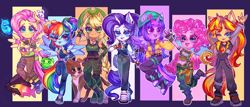 Size: 2221x949 | Tagged: safe, artist:zackchibi, part of a set, angel bunny, applejack, fluttershy, pinkie pie, rainbow dash, rarity, sunset shimmer, twilight sparkle, winona, dog, human, rabbit, g4, alicorn humanization, alternate hairstyle, alternate mane seven, animal, arm behind back, belly, belly button, cap, card, clothes, converse, cosplay, costume, cute, devil horn (gesture), dog tags, ear piercing, eared humanization, earring, female, fingerless gloves, gloves, hand on hip, hat, high res, horn, horned humanization, humanized, jackabetes, jacket, jewelry, killjoy, lidded eyes, looking at you, male, mane six, midriff, one eye closed, open mouth, open smile, party cannon, peace sign, piercing, pony coloring, shoes, signature, smiling, smiling at you, standing, standing on one leg, tongue out, valorant, vest, waving, waving at you, winged humanization, wings, wink, winking at you