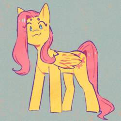 Size: 690x690 | Tagged: safe, artist:suchscary, fluttershy, pegasus, pony, g4, :3, beanbrows, blush lines, closed mouth, colored eyebrows, cyan eyes, eye clipping through hair, eyebrows, feathered wings, female, folded wings, full body, gray background, looking at you, mare, no pupils, smiling, smiling at you, solo, standing, wings
