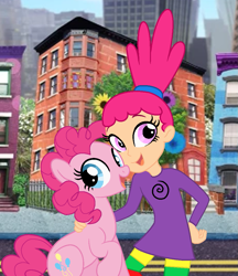 Size: 897x1040 | Tagged: safe, artist:user15432, pinkie pie, earth pony, human, pony, g4, female, mare, namesake, pinky dinky doo, pinky dinky doo (character), pun, visual pun