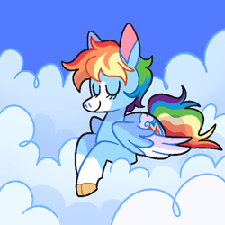 Size: 600x600 | Tagged: dead source, safe, artist:sparkledogdraws, rainbow dash, pegasus, pony, g4, 2023, alternate design, alternate hairstyle, black outlines, blue sky, closed mouth, cloud, cloven hooves, coat markings, colored hooves, colored lineart, colored pinnae, colored wings, colored wingtips, dated, day, eyelashes, eyes closed, facial markings, female, hooves, lying down, lying on a cloud, mare, on a cloud, outdoors, pixel-crisp art, prone, short hair rainbow dash, short mane, signature, sky, sleeping, socks (coat markings), solo, three quarter view, two toned wings, white wingtips, wings