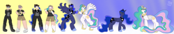 Size: 7500x1500 | Tagged: safe, artist:blizzymango, princess celestia, princess luna, alicorn, human, pony, g4, duo, gradient background, high res, human to pony, hypno eyes, peytral, transformation, transformation sequence