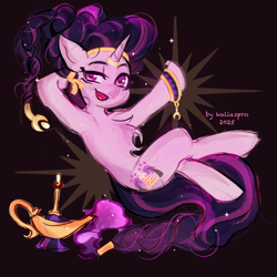 Size: 4000x4000 | Tagged: safe, artist:kalassssssssssssh, oc, oc only, genie, genie pony, pony, unicorn, absurd resolution, black background, chest fluff, concave belly, female, horn, horn ring, lidded eyes, magic lamp, mare, not saffron masala, open mouth, open smile, ring, simple background, smiling, solo