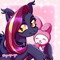 Size: 1308x1304 | Tagged: safe, artist:heya_eya_eya, oc, oc only, oc:nightingale ode, bat pony, pony, g4, bat pony oc, bat wings, birthmark, blue body, colored belly, colored hooves, ear fluff, ear tufts, fangs, female, heart, hooves, hug, mare, my melody, pink background, red hair, sanrio, simple background, solo, stars, wings, yellow eyes