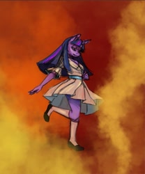 Size: 575x690 | Tagged: safe, artist:elisdoominika, twilight sparkle, unicorn, anthro, plantigrade anthro, g4, abstract background, clothes, dress, female, horn, lidded eyes, mare, smiling, socks, solo, wip